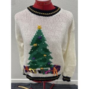 Hand Knit Christmas Tree Sweater Sizes S Grannycore Vintage Color Cues